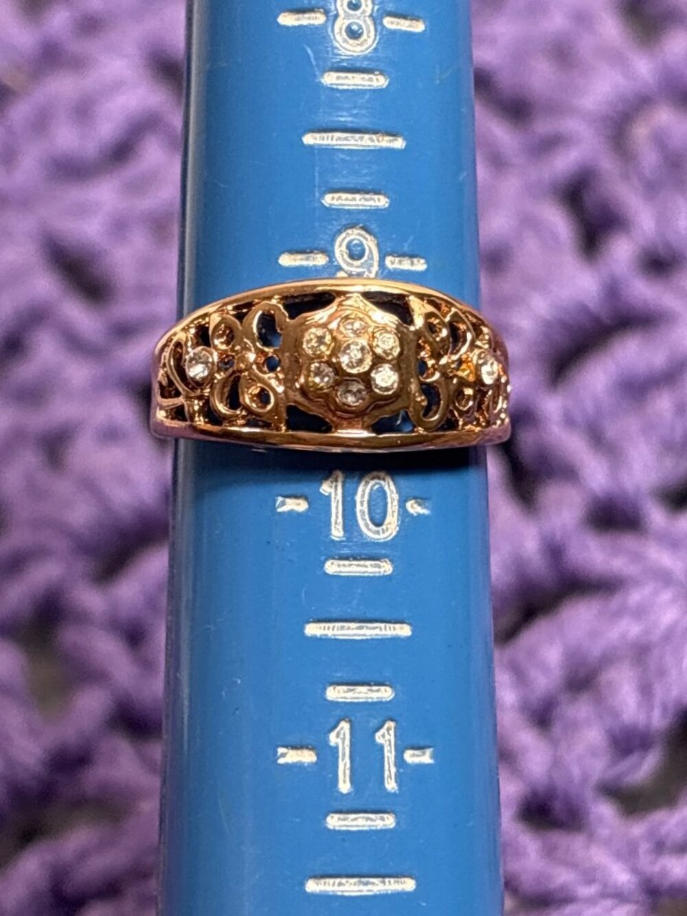 Goldtone Filigree Clear Rhinestone Ring Size 9.5